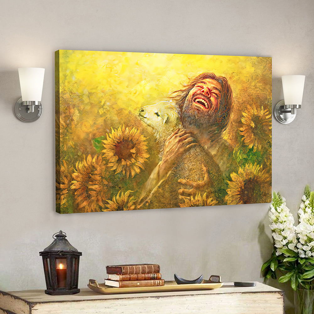 Jesus And Lamb In Field Of Sun Flowers Wall Art – Christian Canvas Wall Art – Jesus Canvas Poster