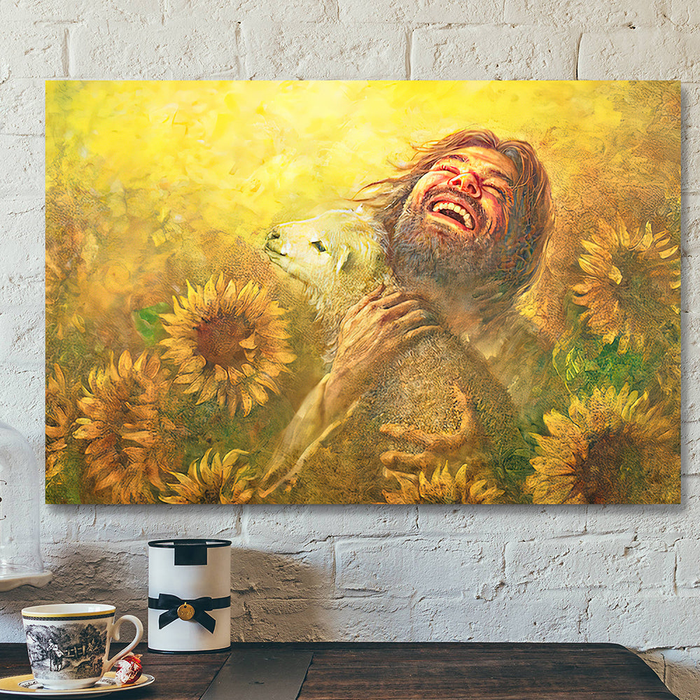 Jesus And Lamb In Field Of Sun Flowers Wall Art – Christian Canvas Wall Art – Jesus Canvas Poster