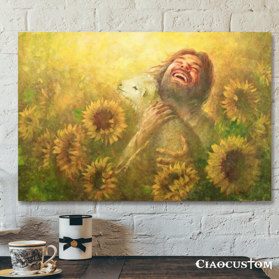 Jesus And Lamb In The Sunflower Garden – Jesus Canvas Painting – Jesus Canvas Art – Jesus Poster – Jesus Canvas – Christian Gift