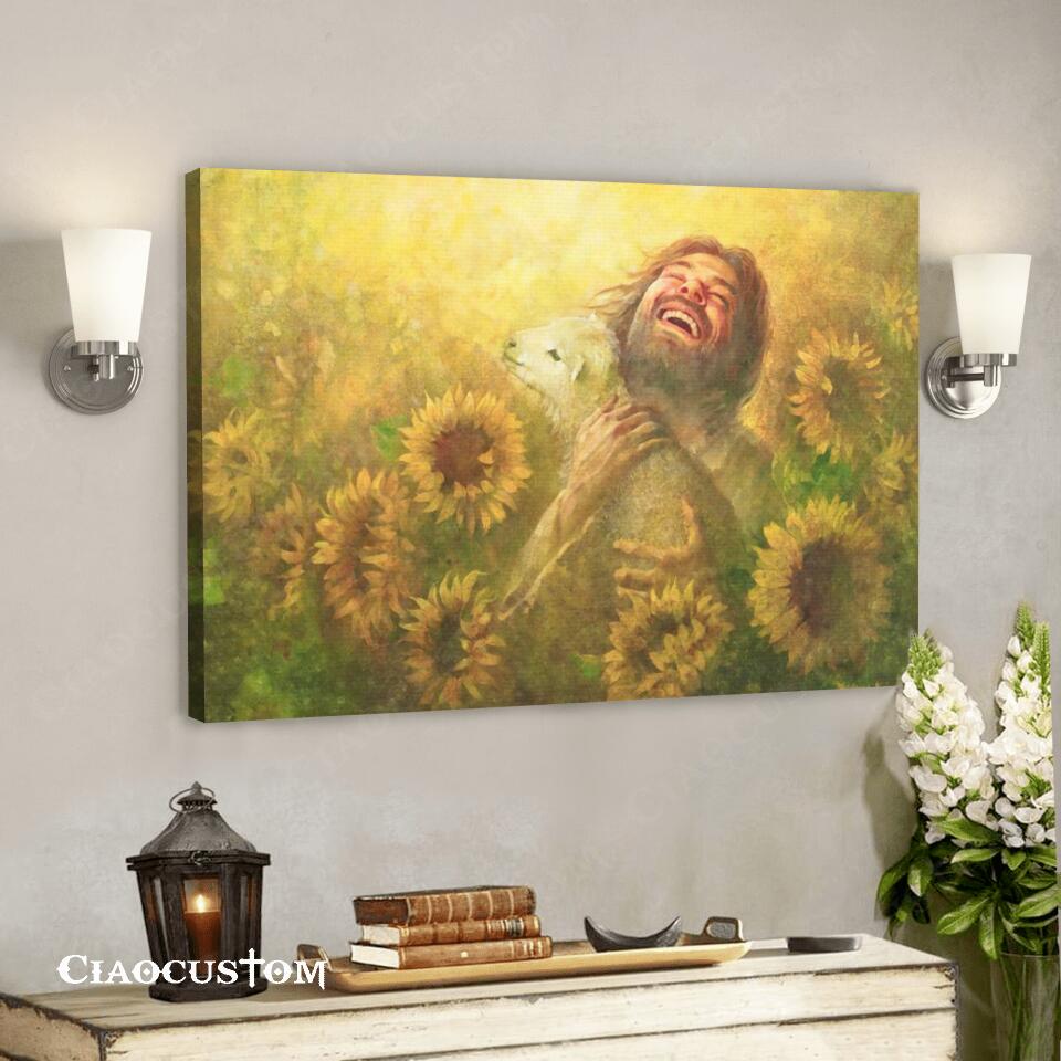 Jesus And Lamb In The Sunflower Garden – Jesus Canvas Painting – Jesus Canvas Art – Jesus Poster – Jesus Canvas – Christian Gift