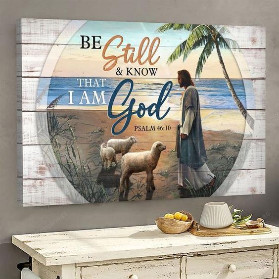 Jesus And Lambs On The Peaceful Beach Canvas Wall Art – Jesus Canvas Pictures – Christian Wall Posters