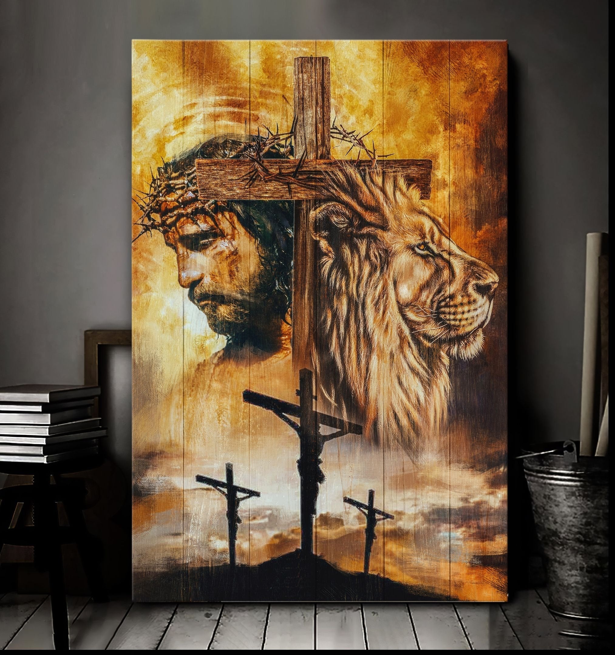 Jesus And Lion Cross Design Canvas Posters – Christian Wall Posters – Religious Wall Decor