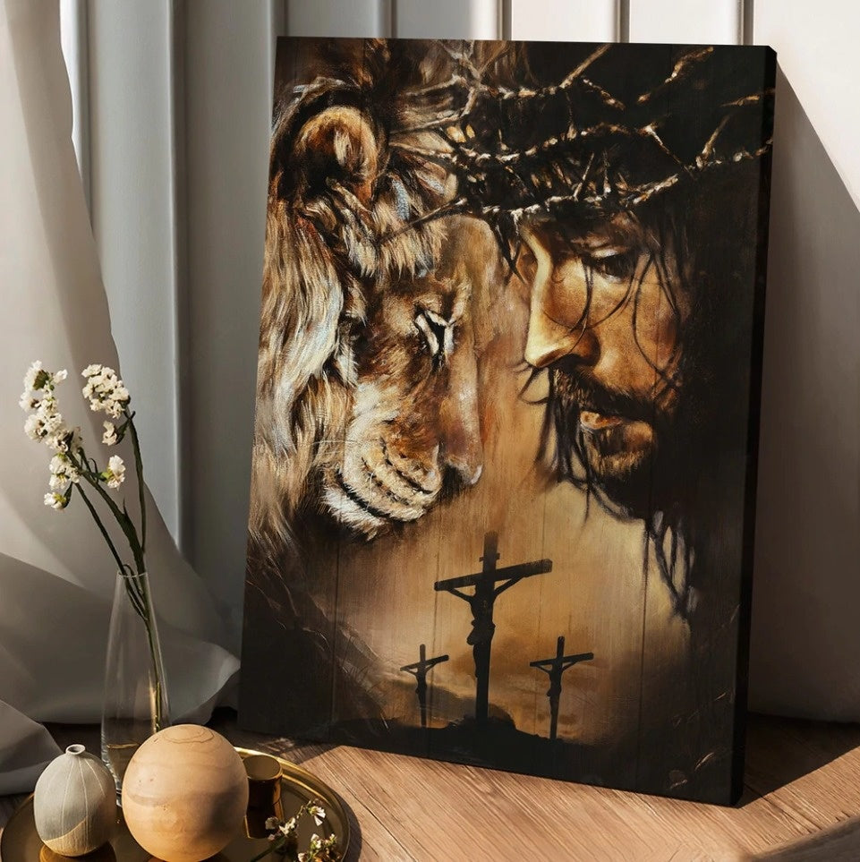 Jesus And Lion Face To Face Canvas Posters – Christian Wall Posters – Religious Wall Decor