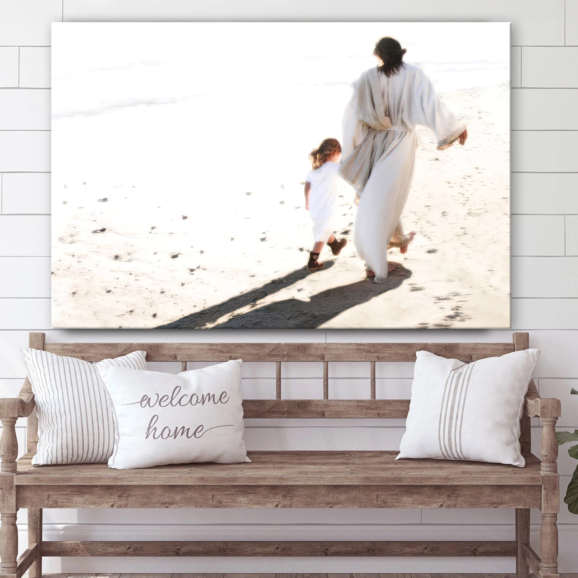 Jesus And Little Girl Walking On The Beach Canvas Wall Art – Beside Me Poster – Jesus Christ Canvas Art – Picture of Jesus With Children