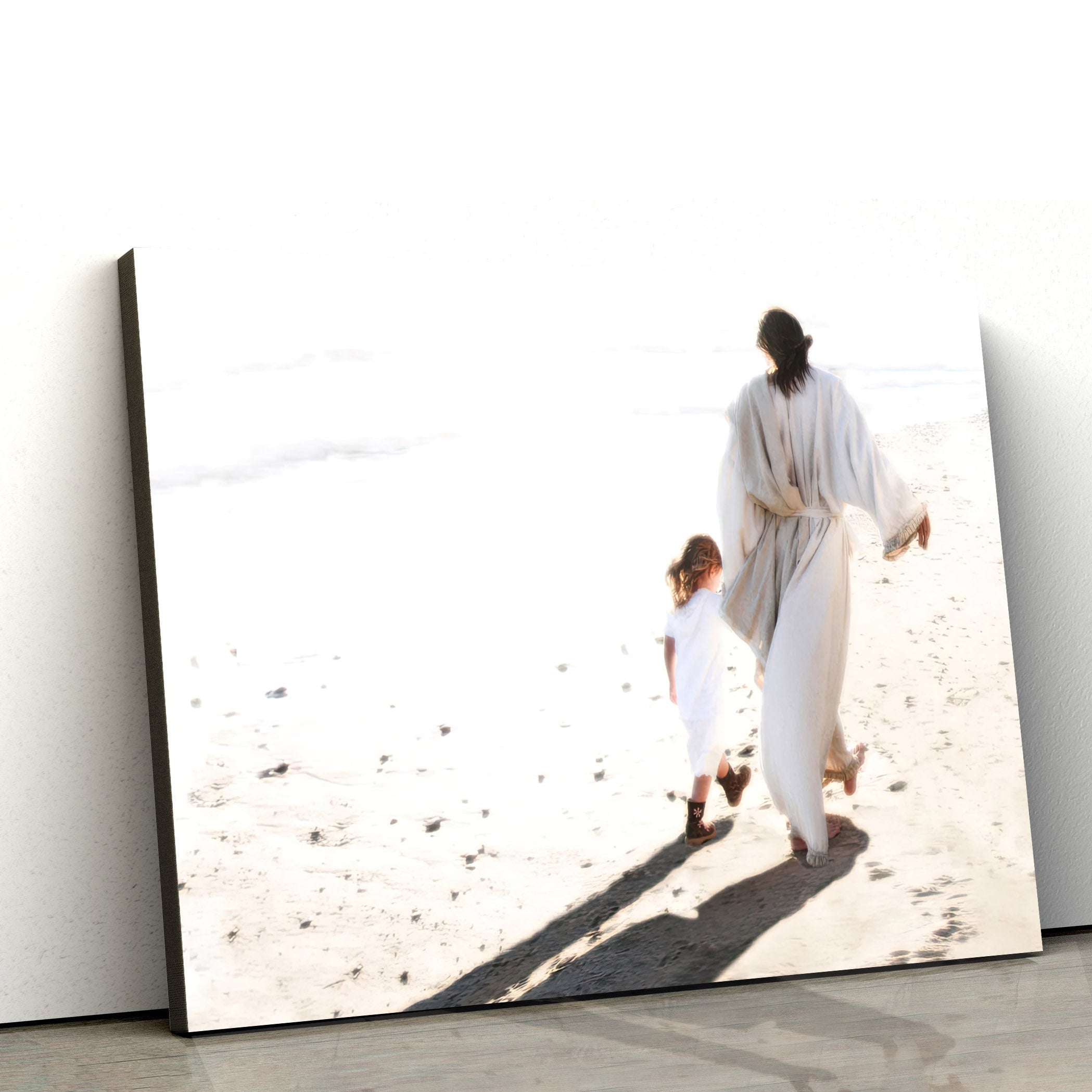 Jesus And Little Girl Walking On The Beach Canvas Wall Art – Beside Me Poster – Jesus Christ Canvas Art – Picture of Jesus With Children