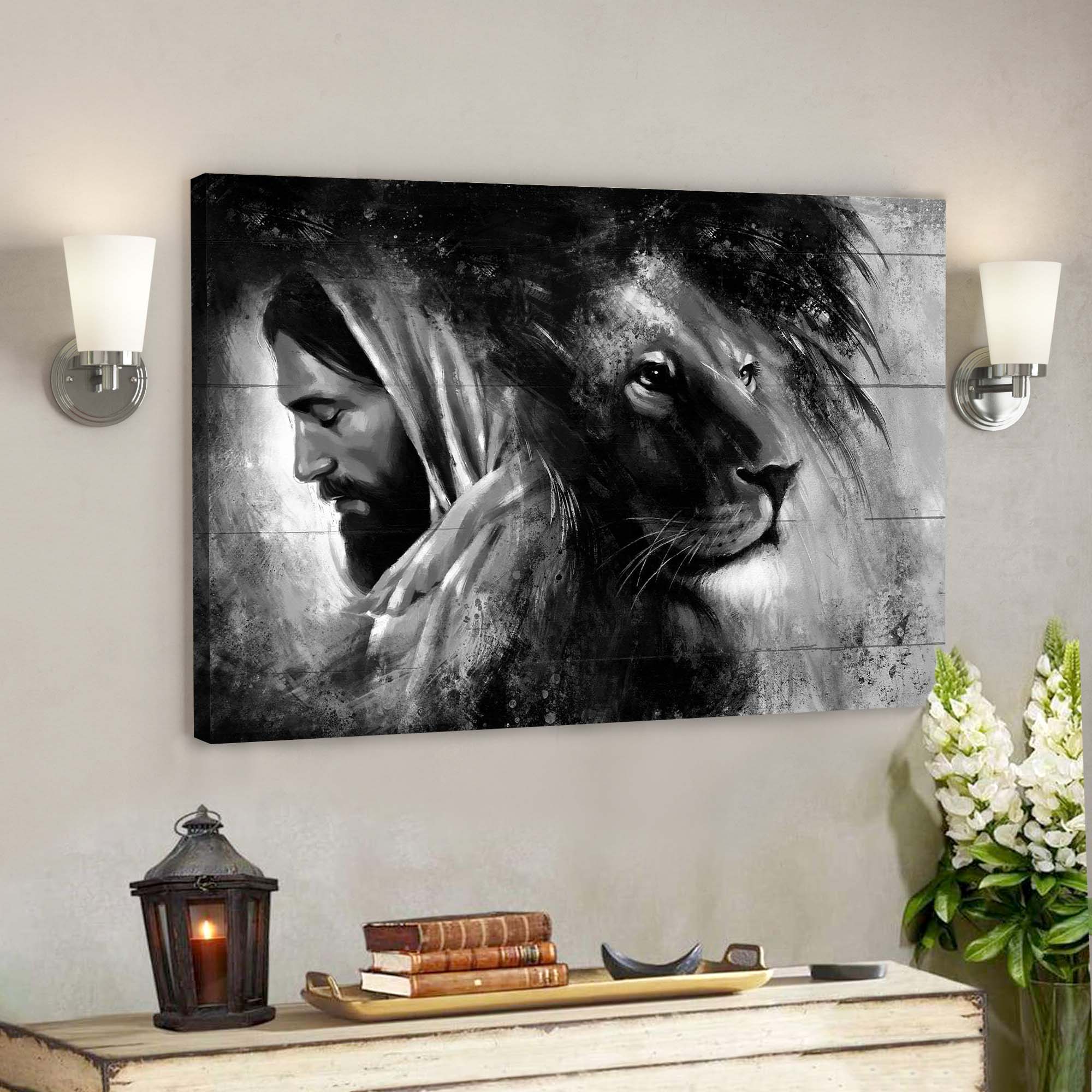 Jesus And The Awesome Lion Canvas Wall Art – Bible Verse Canvas – Scripture Canvas Wall Art