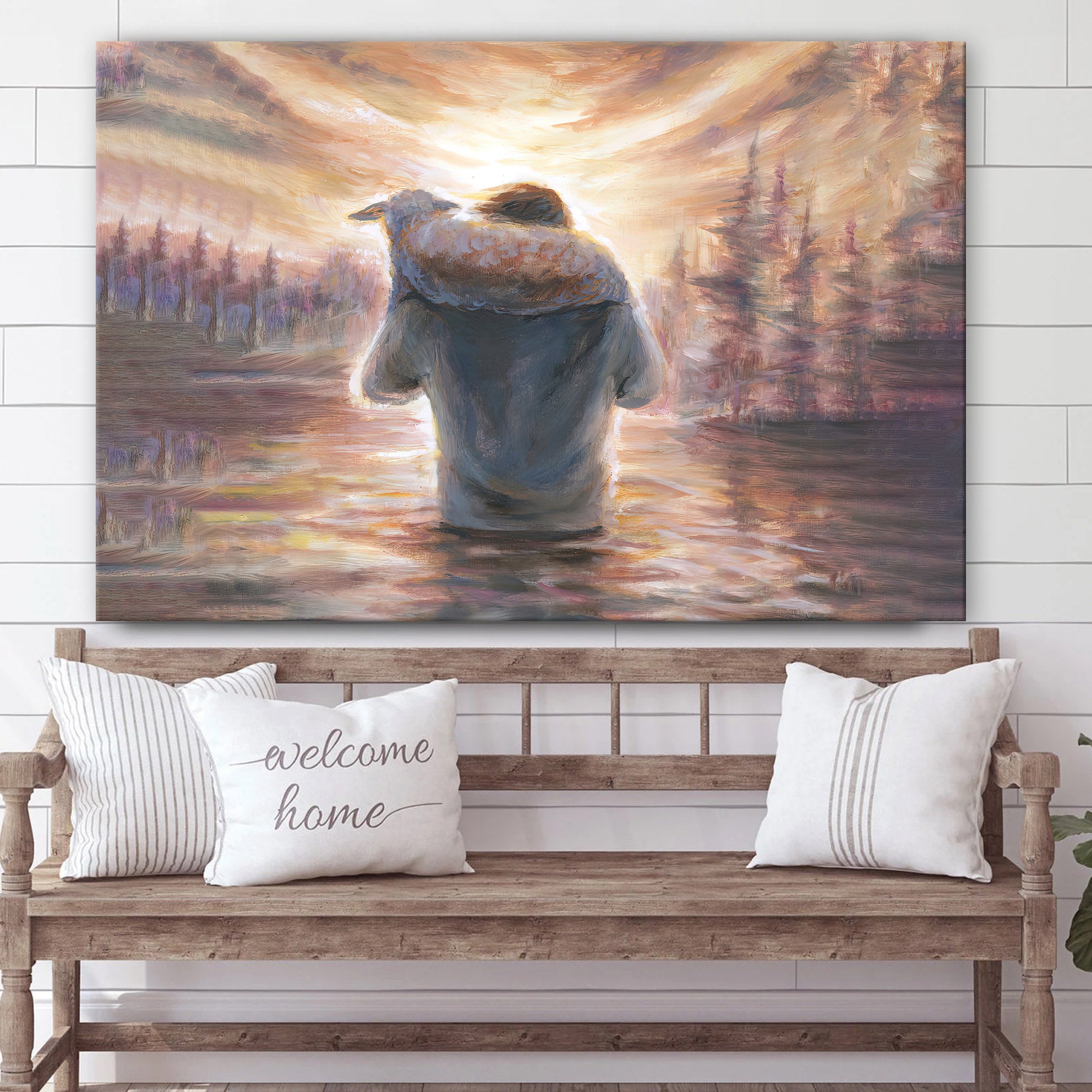 Jesus Carrying Lamb On Shoulders Through Water Canvas Posters – Jesus Canvas Pictures – Christian Canvas Art