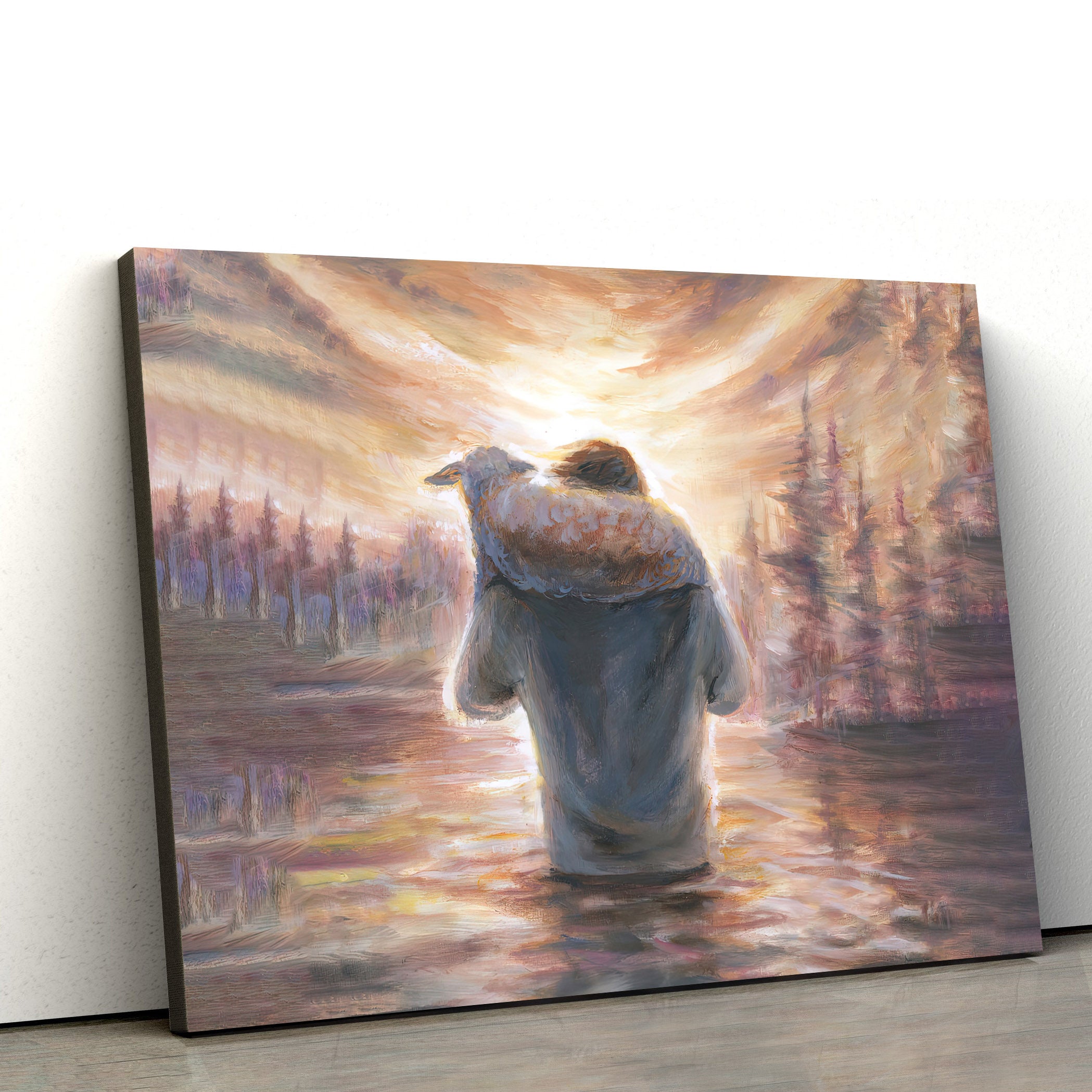 Jesus Carrying Lamb On Shoulders Through Water Canvas Posters – Jesus Canvas Pictures – Christian Canvas Art