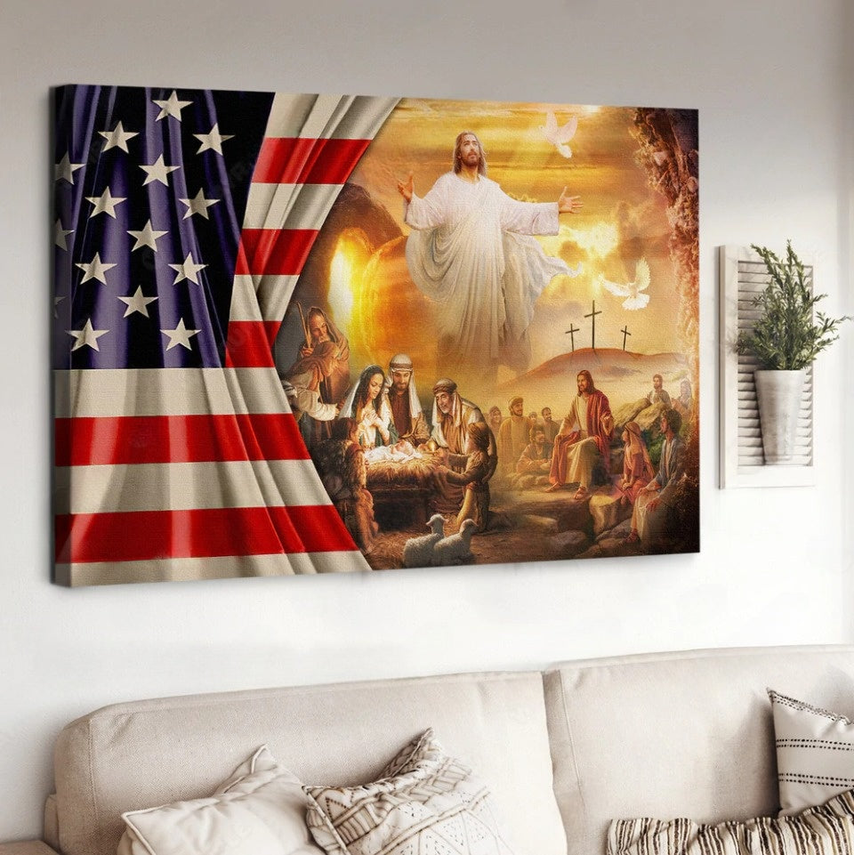 Jesus Christ American Flag Birth Of Jesus Canvas Wall Art – Jesus Canvas Pictures – Christian Wall Posters