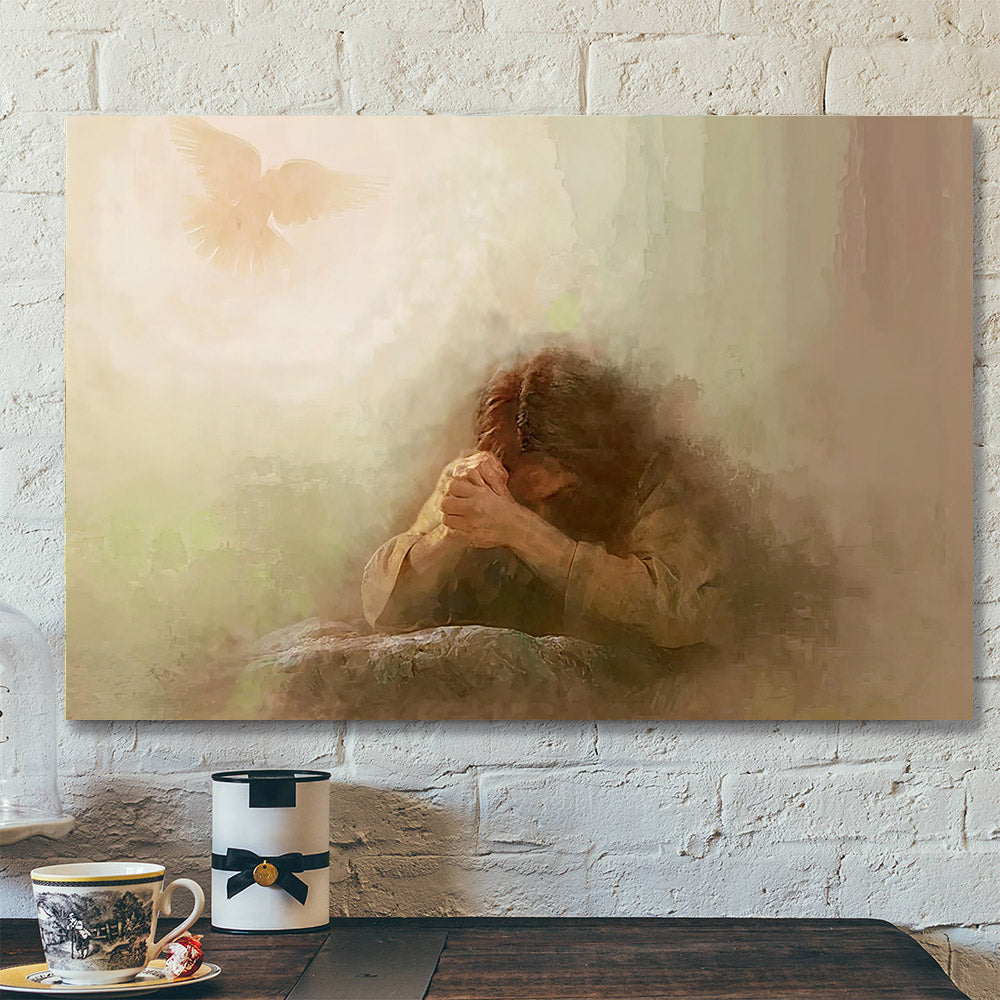 Jesus Christ Praying Holy Spirit Dove – Lord Of Prayer Neutral Canvas – Religious Canvas Painting – Christian Wall Art – Christian Gift