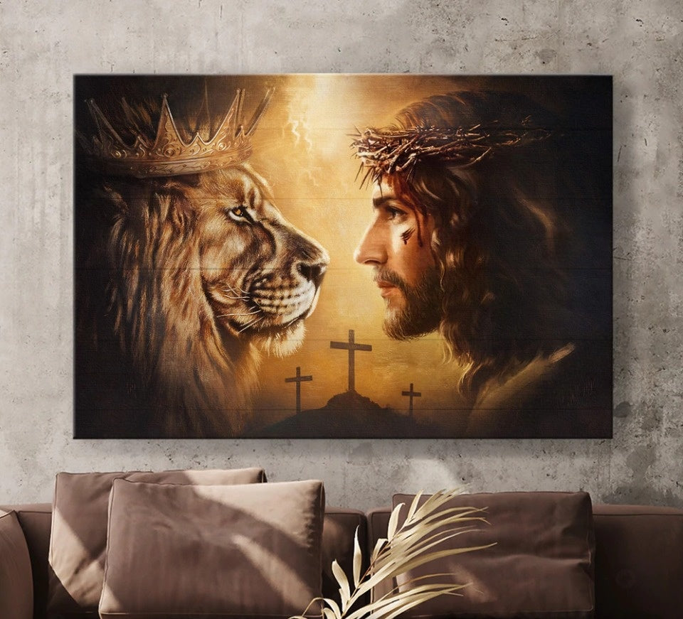 Jesus Christ The Lion Of Judah Cross Symbol Face To Face Canvas Wall Art – Jesus Canvas Pictures – Christian Wall Posters