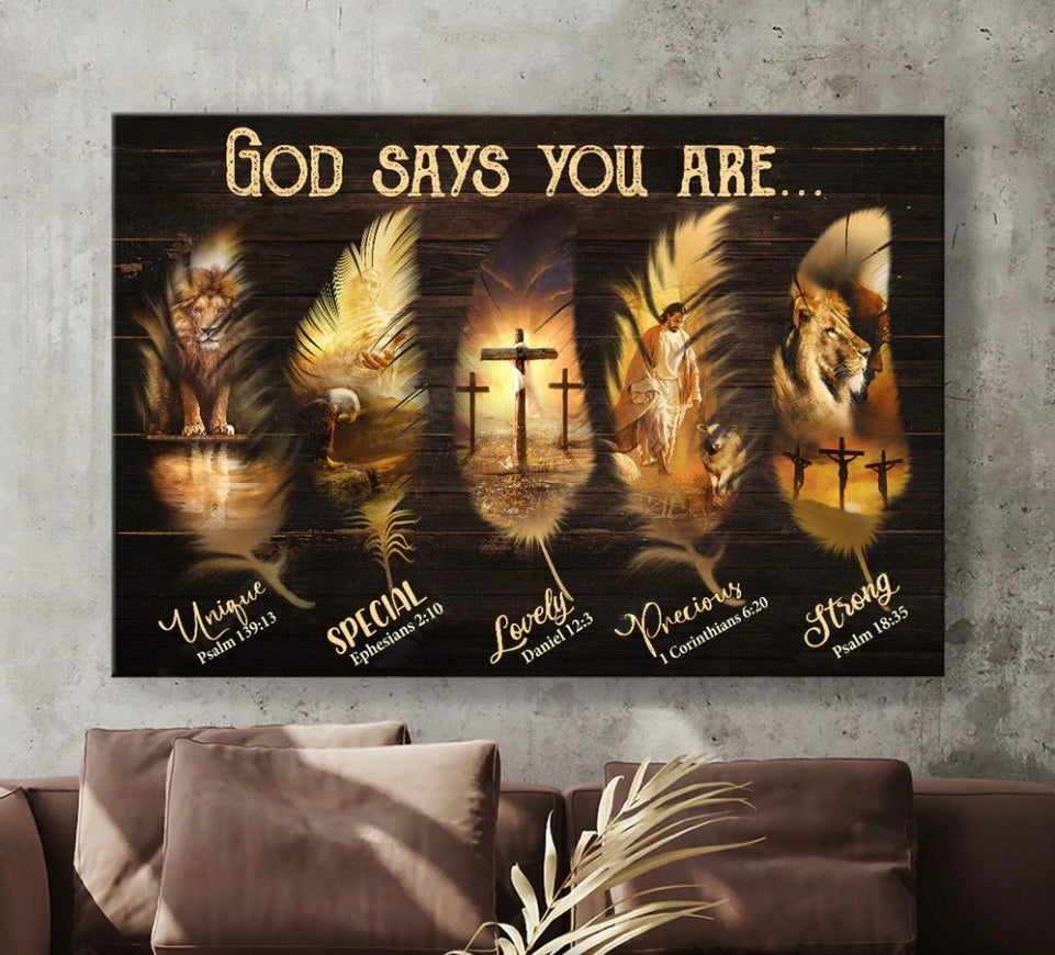 Jesus Christ The Lion Of Judah Feather Shape God Says You Are Canvas Wall Art – Jesus Canvas Pictures – Christian Wall Posters