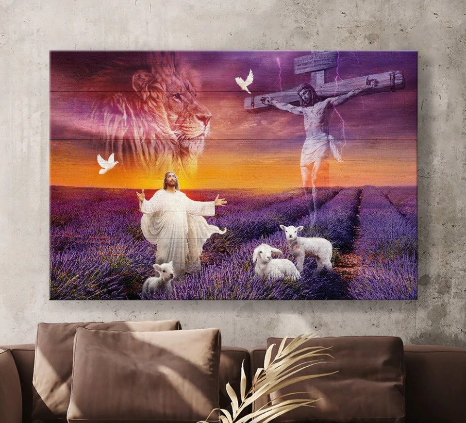 Jesus Cross The Lion Of Judah The Lamb Of God Lavender Field Canvas Wall Art – Jesus Canvas Pictures – Christian Wall Posters