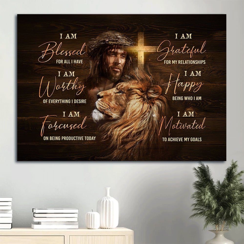 Jesus Faith God Lion Head Motivational Quote I Am Bless For All I Have Believer In Jesus Canvas Wall Art – Christian Wall Decor