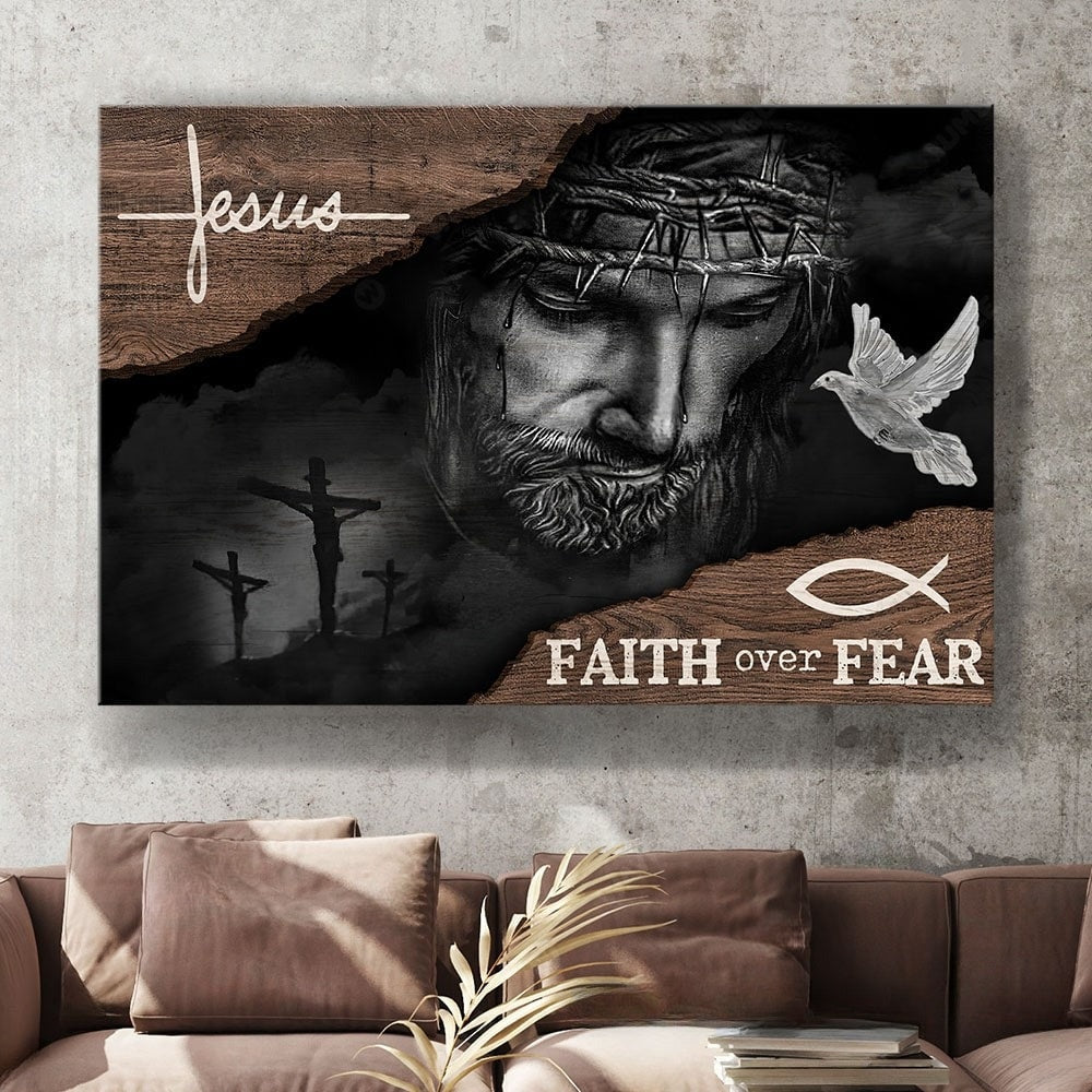 Jesus Faith Over Fear Black And White Painting Canvas Wall Art – Jesus Canvas Pictures – Christian Wall Posters