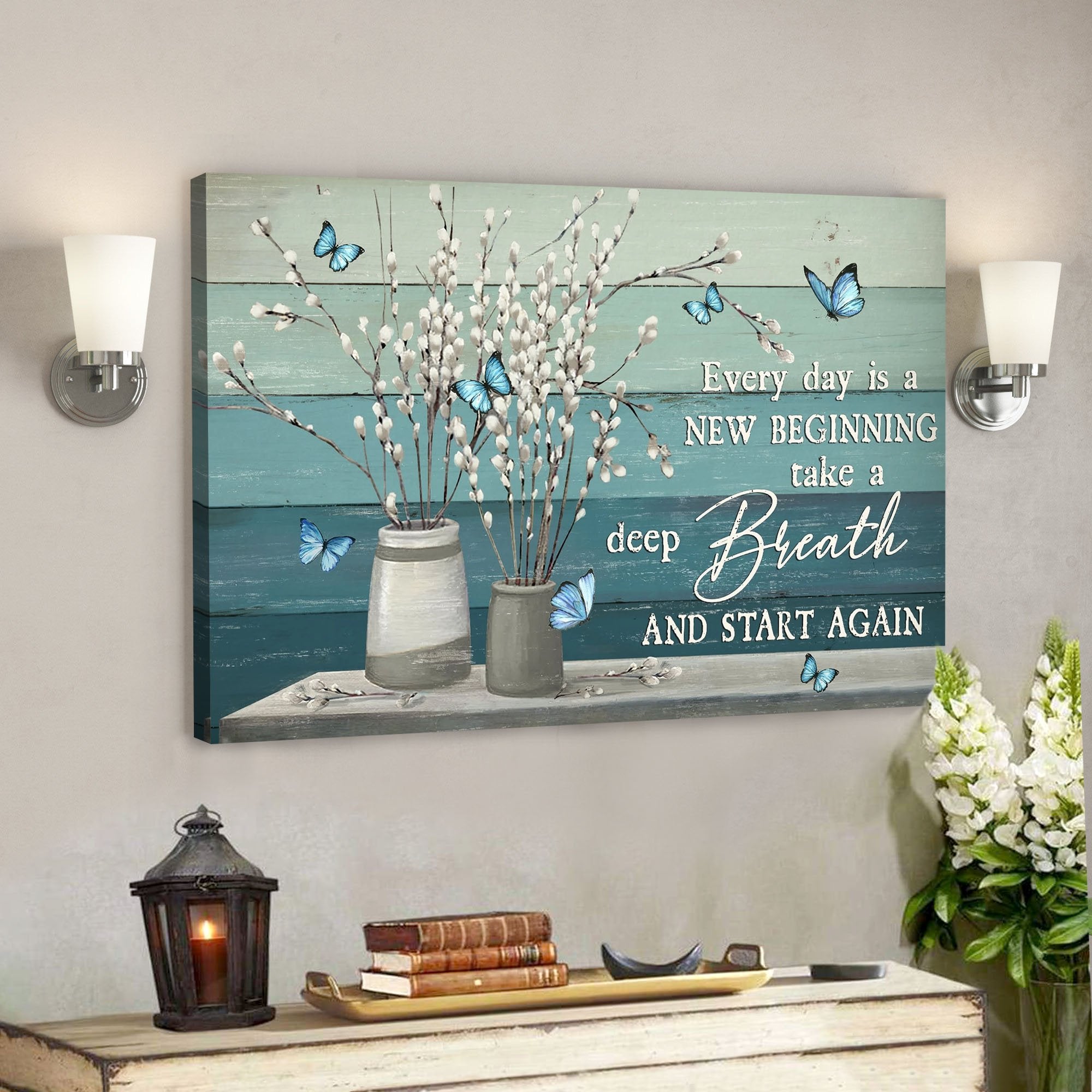 Jesus God Horizontal Canvas Prints – God Wall Art – Every Day Is A New Beginning – Blue Butterfly