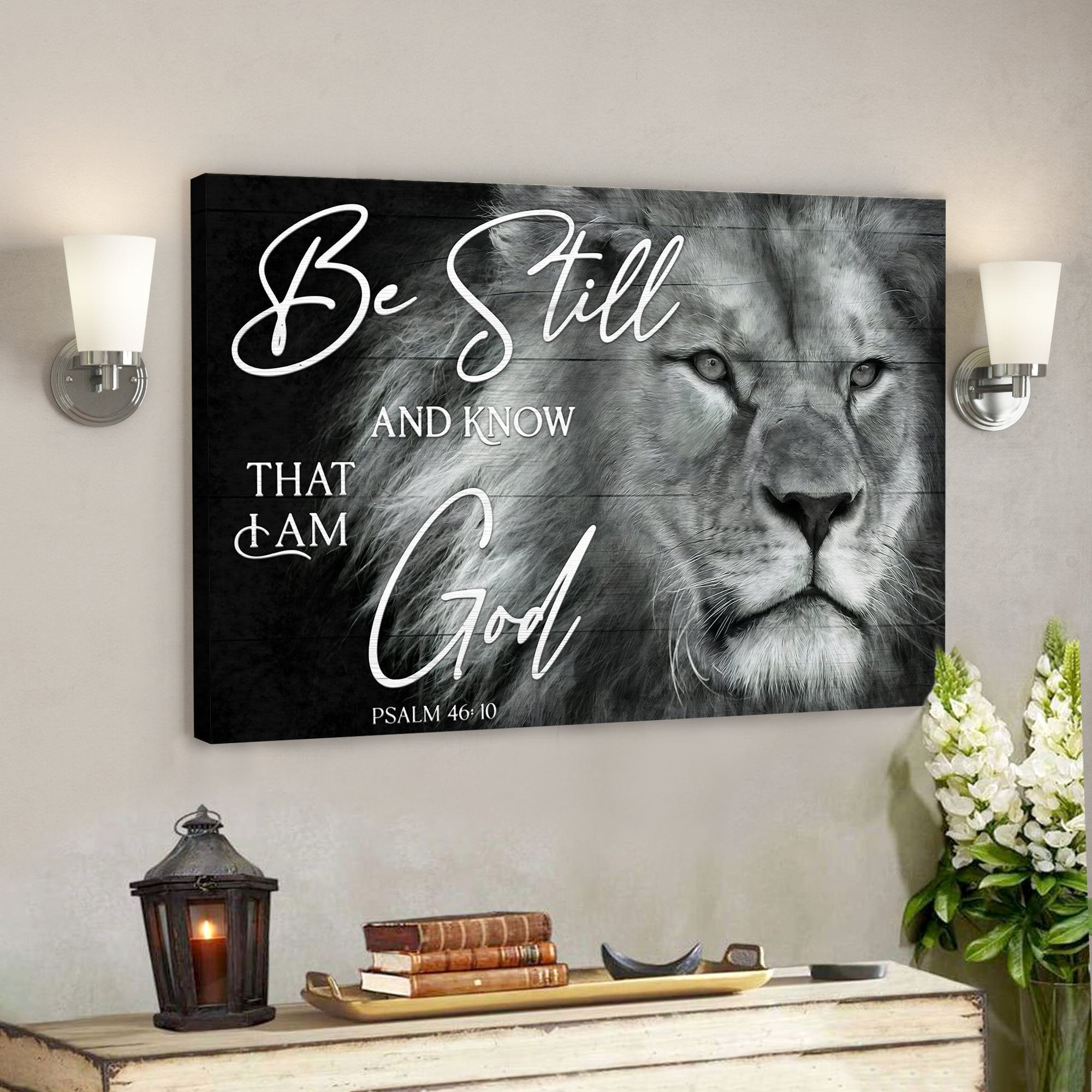 Jesus God Landscape Canvas Prints – God Wall Art – Be Still And Know That I Am God – Black And White Lion