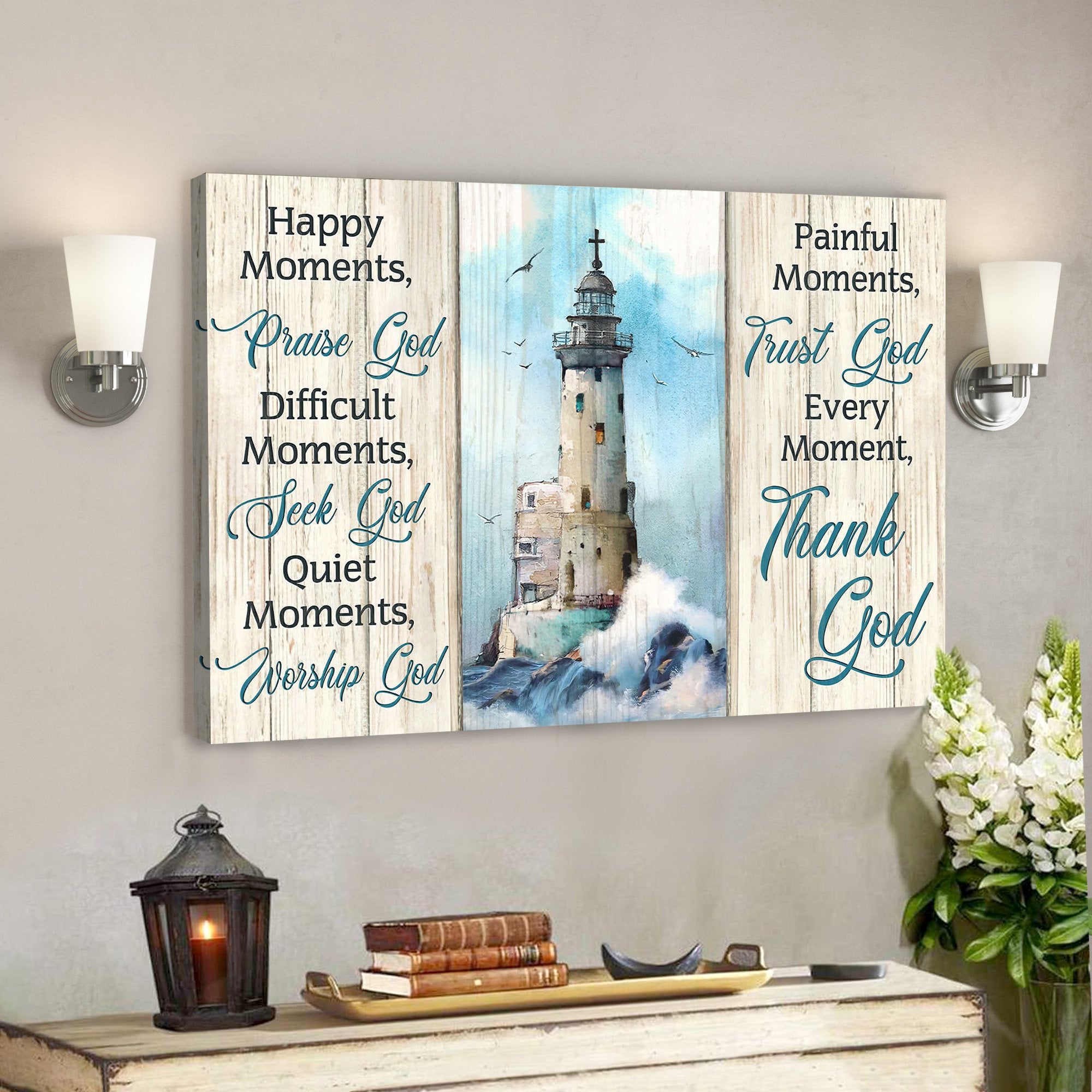 Jesus God Landscape Canvas Prints – God Wall Art – Every Moment, Thank God – Christ Lighthouse