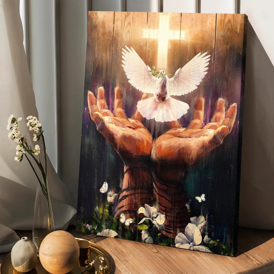 Jesus Hand Dove Of Peace Light Cross White Flower Canvas Posters – Christian Wall Posters – Religious Wall Decor