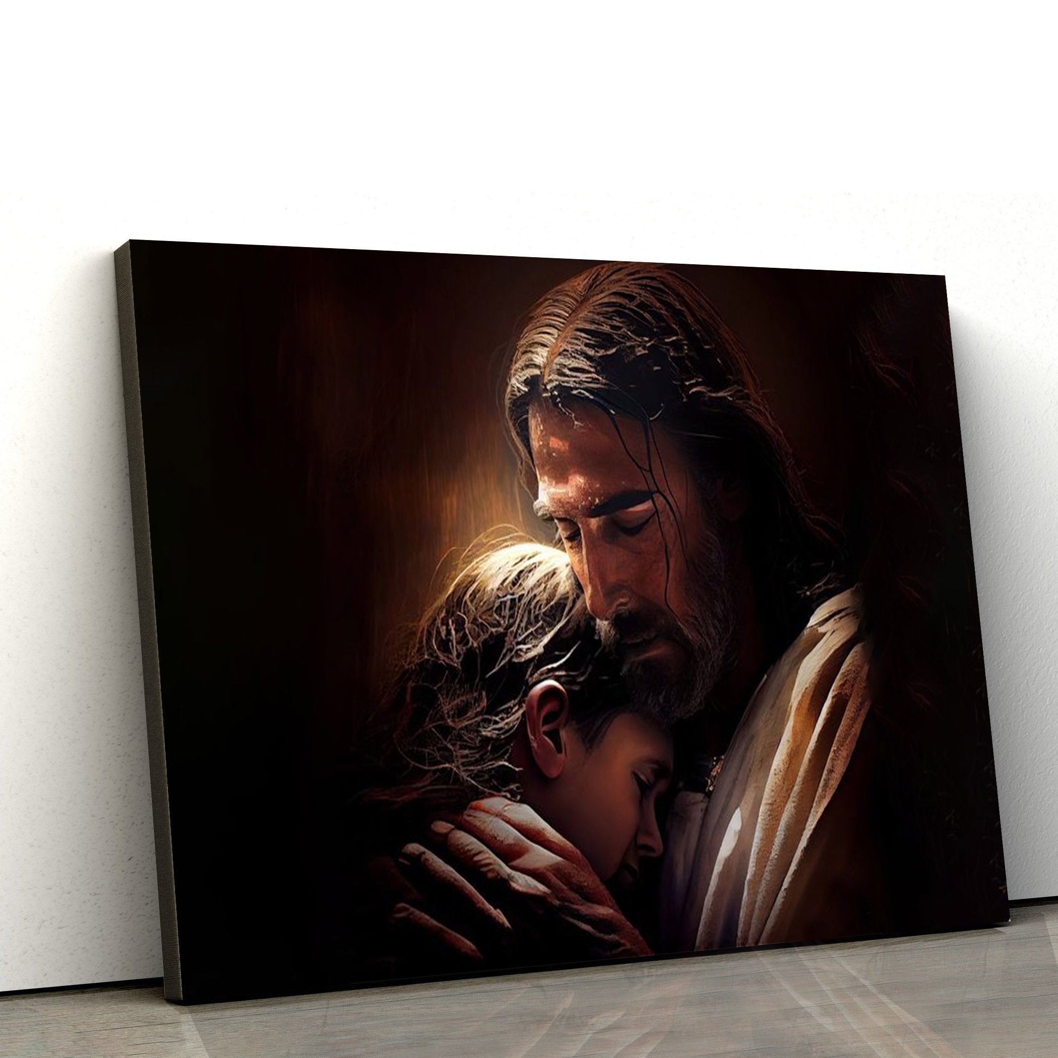 Jesus Hugging Boy Canvas Wall Art – Jesus Canvas Picture – Christian Canvas Art