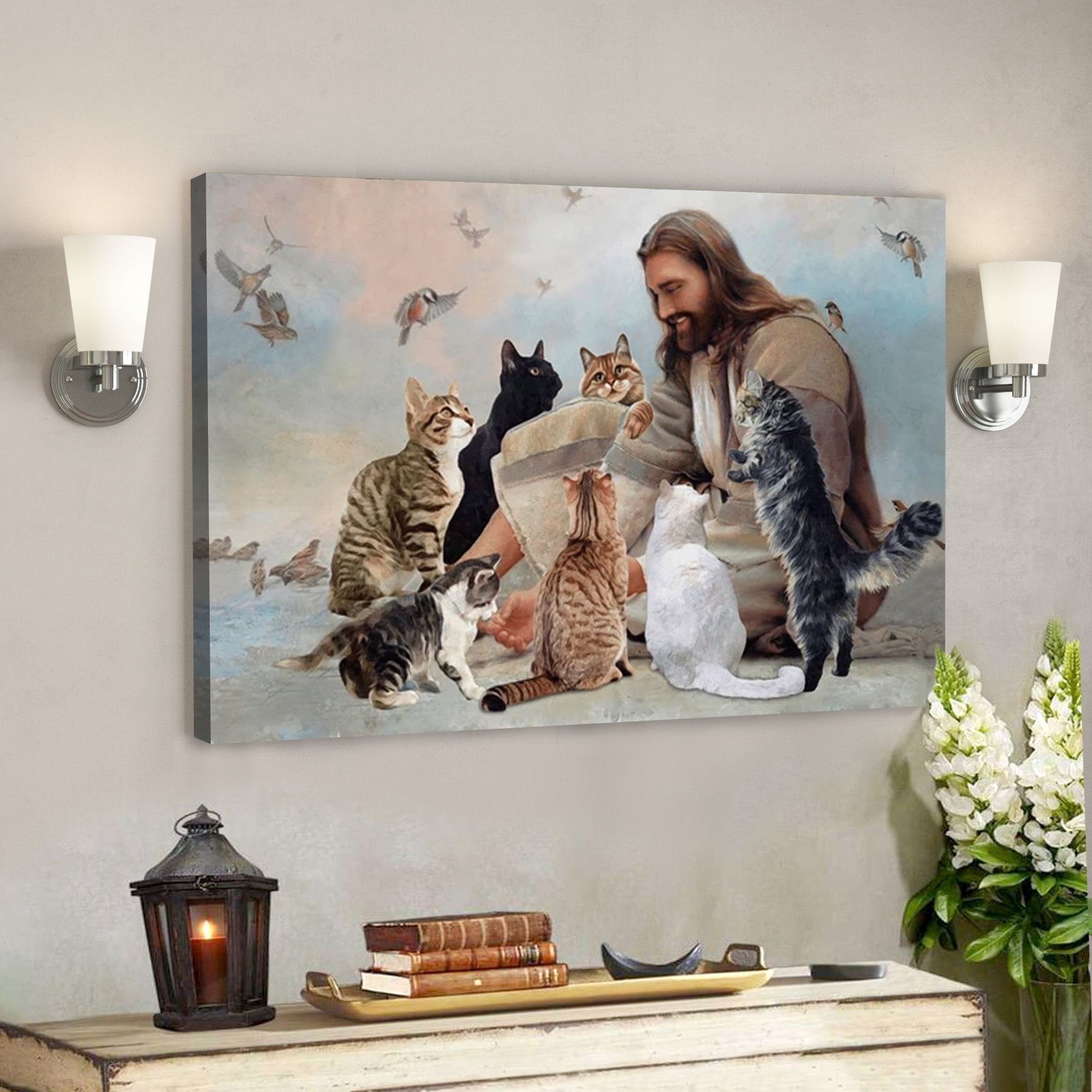 Jesus Is Surrounded By Cats Canvas Wall Art – Jesus With Cats Wall Decor