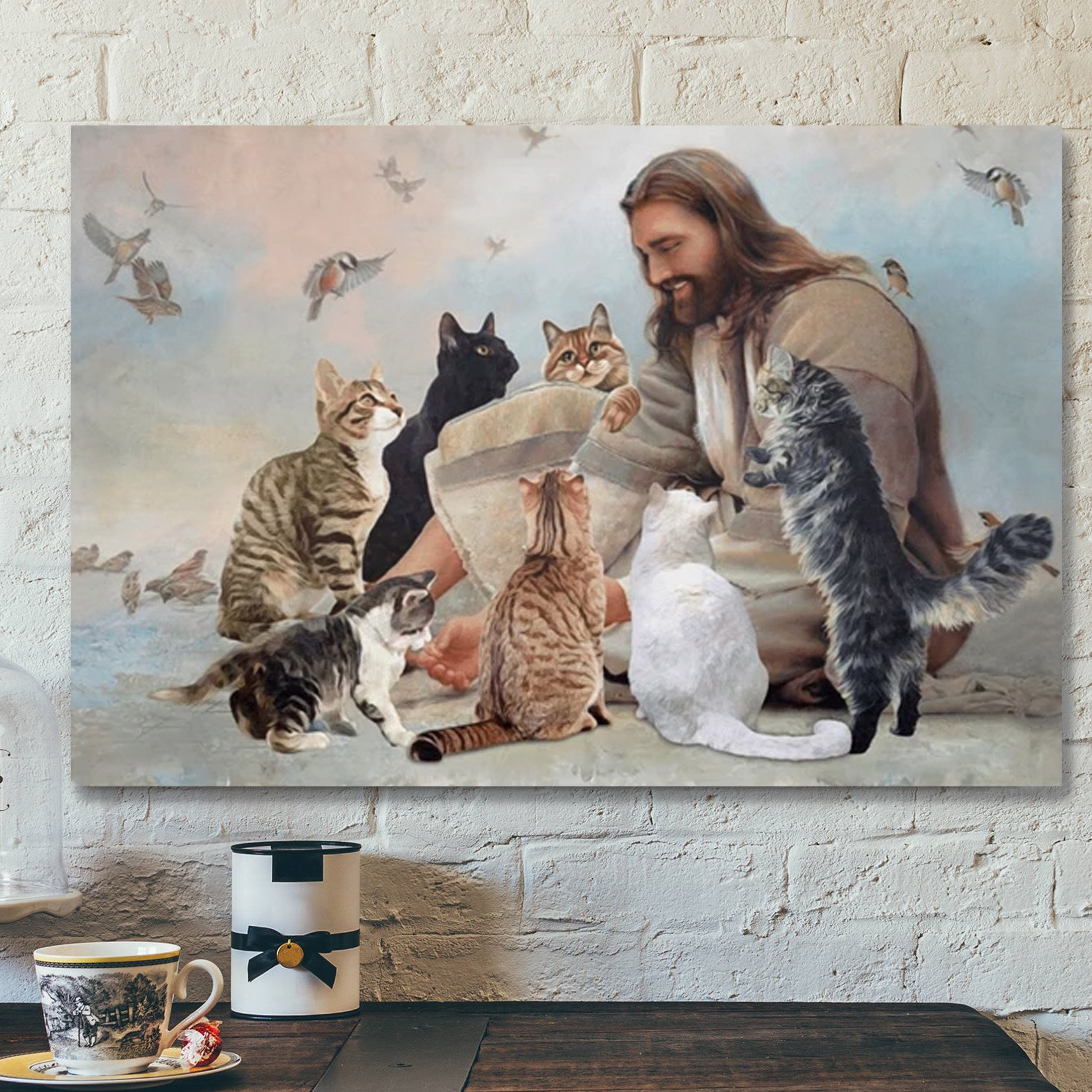 Jesus Is Surrounded By Cats Canvas Wall Art – Jesus With Cats Wall Decor