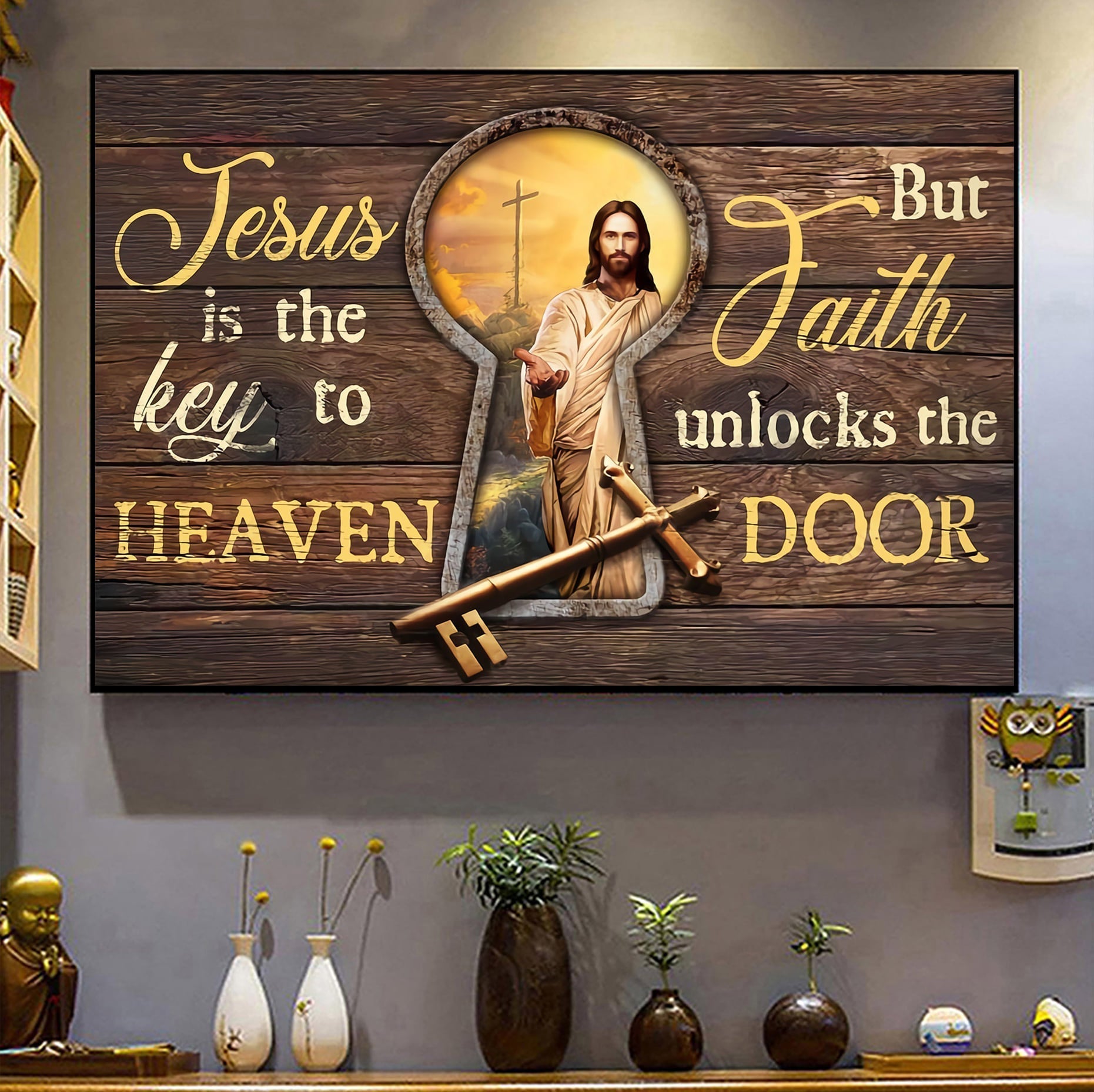 Jesus Is The Key To Heaven But Faith Unlocks The Door Canvas Wall Art – Jesus Canvas Pictures – Christian Wall Posters