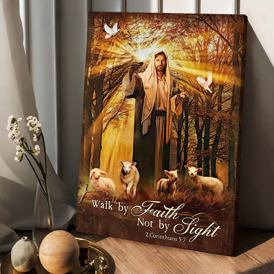 Jesus Lamb Of God Autumn Forest Walk By Faith Not By Sight Canvas Posters – Christian Wall Posters – Religious Wall Decor