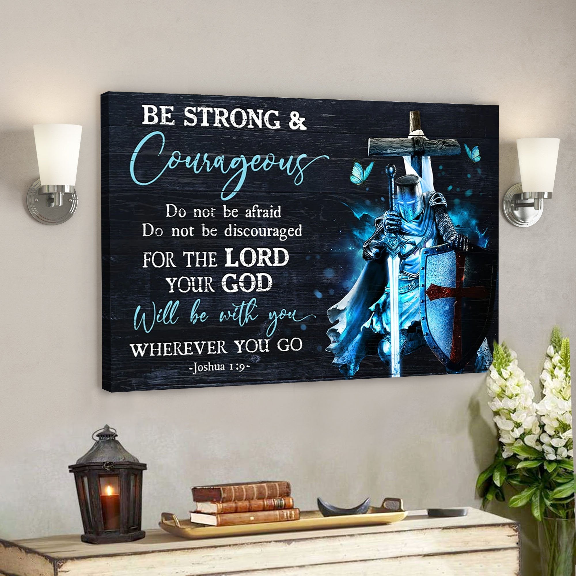 Jesus Landscape Canvas Print – God Wall Art – Warrior And Wooden Cross – Your God Will Be With You Wherever You Go