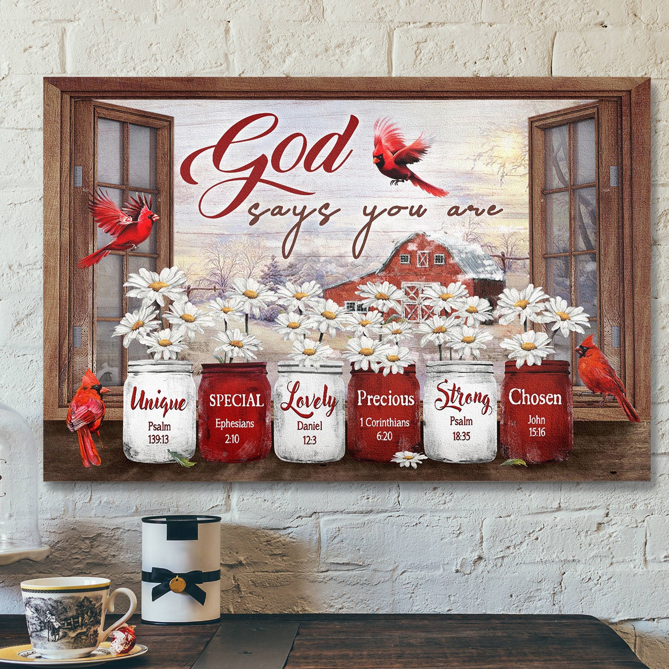 Jesus Landscape Canvas Print – God Wall Art – Window Frame – Cardinal And Daisy – God Says You Are