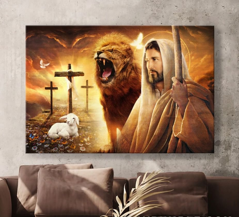 Jesus Lion And Lamb Heaven’s Light Canvas Wall Art – Jesus Canvas Pictures – Christian Wall Posters