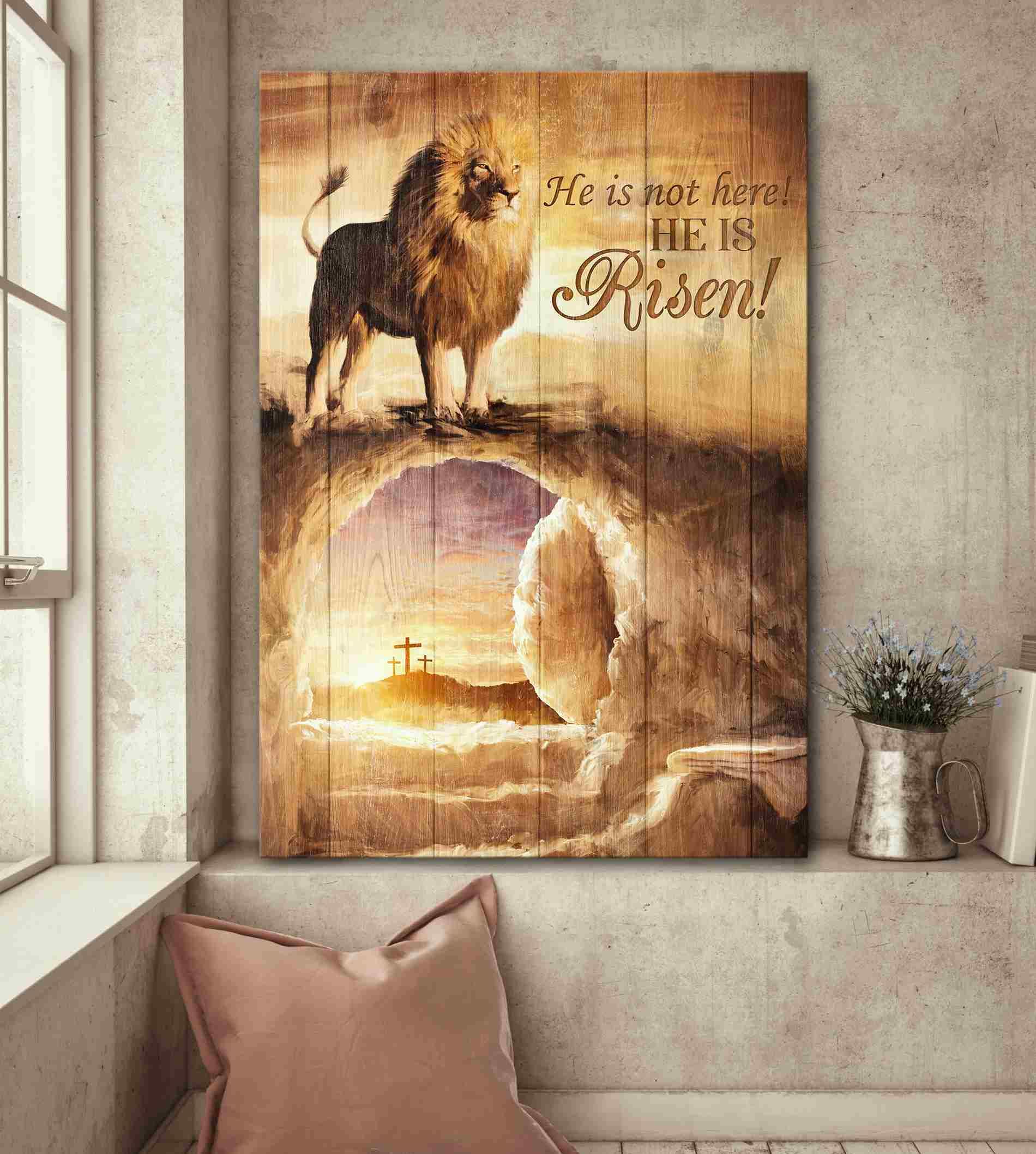 Jesus Lion Cross He Is Not Here He Is Risen Canvas Posters – Christian Wall Posters – Religious Wall Decor