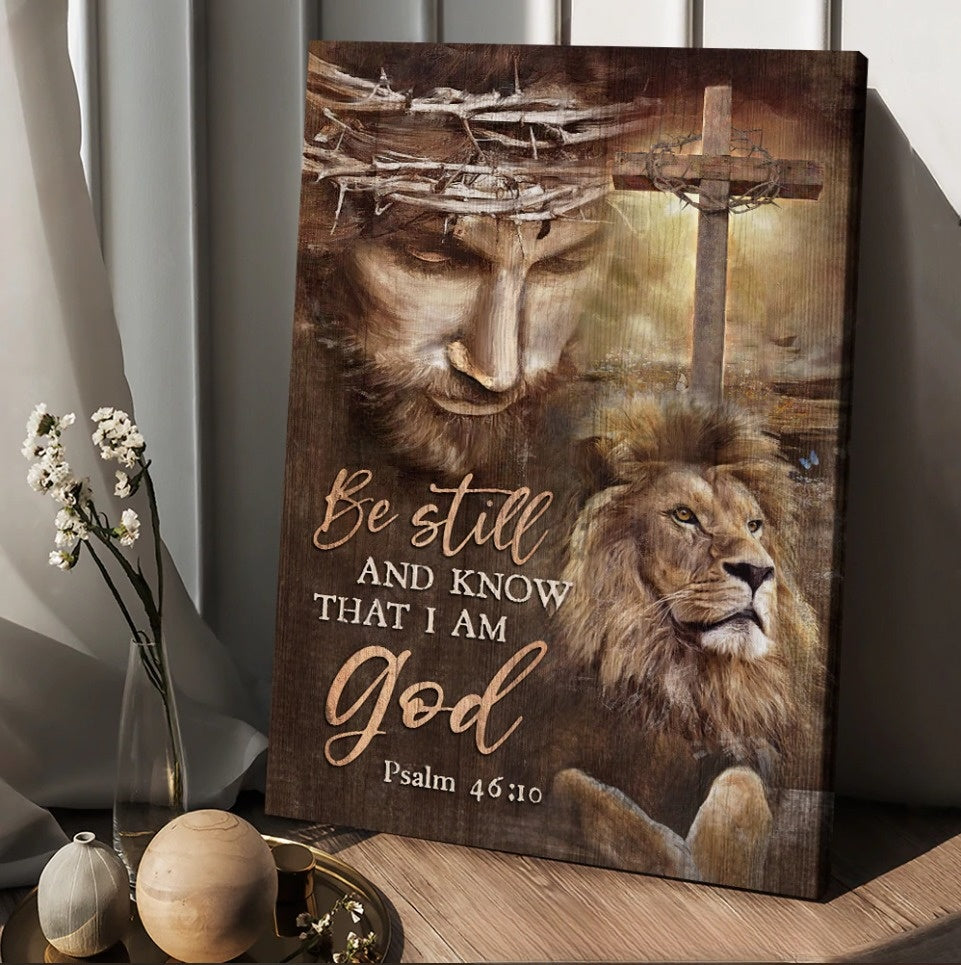 Jesus Lion Drawing Cross Be Still And Know That I Am God Canvas Wall Art – Christian Wall Posters – Religious Wall Decor