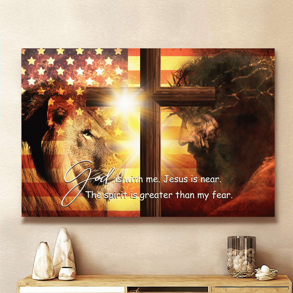 Jesus Lion King Cross God Is With Me Canvas Wall Art – Jesus Canvas Pictures – Christian Wall Posters