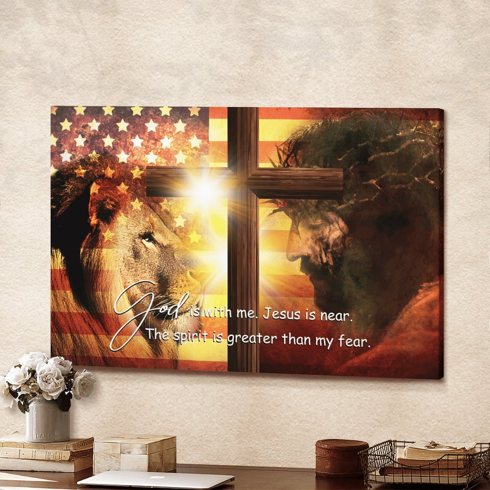 Jesus Lion King Cross God Is With Me Canvas Wall Art – Jesus Canvas Pictures – Christian Wall Posters