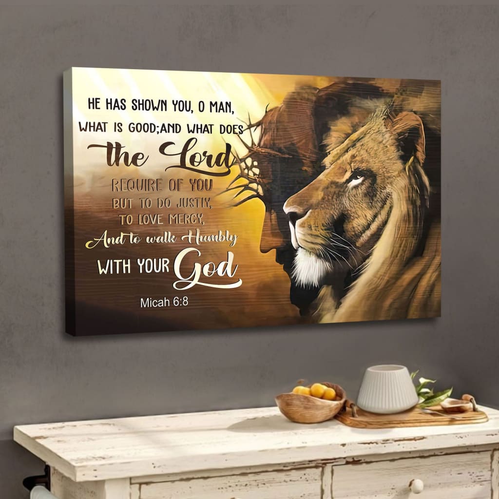 Jesus Lion Of Judah, Walk Humbly With Your God Micah 68 Bible Verse Wall Art Canvas – Religious Wall Decor