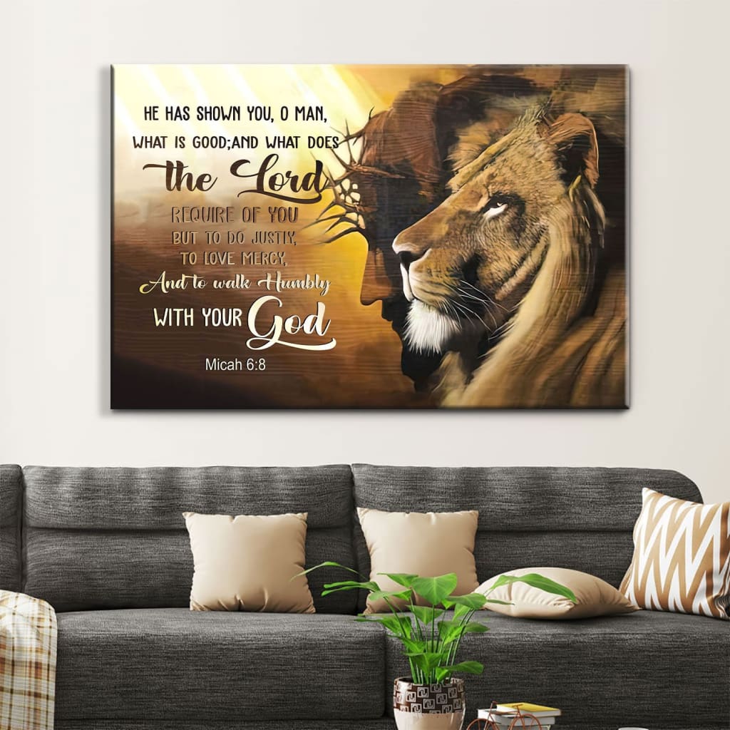 Jesus Lion Of Judah, Walk Humbly With Your God Micah 68 Bible Verse Wall Art Canvas – Religious Wall Decor