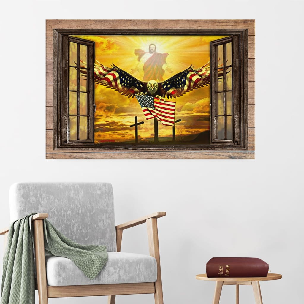 Jesus Open Arms Bald Eagle American Flag Canvas Wall Art – Christian Canvas – Faith Canvas