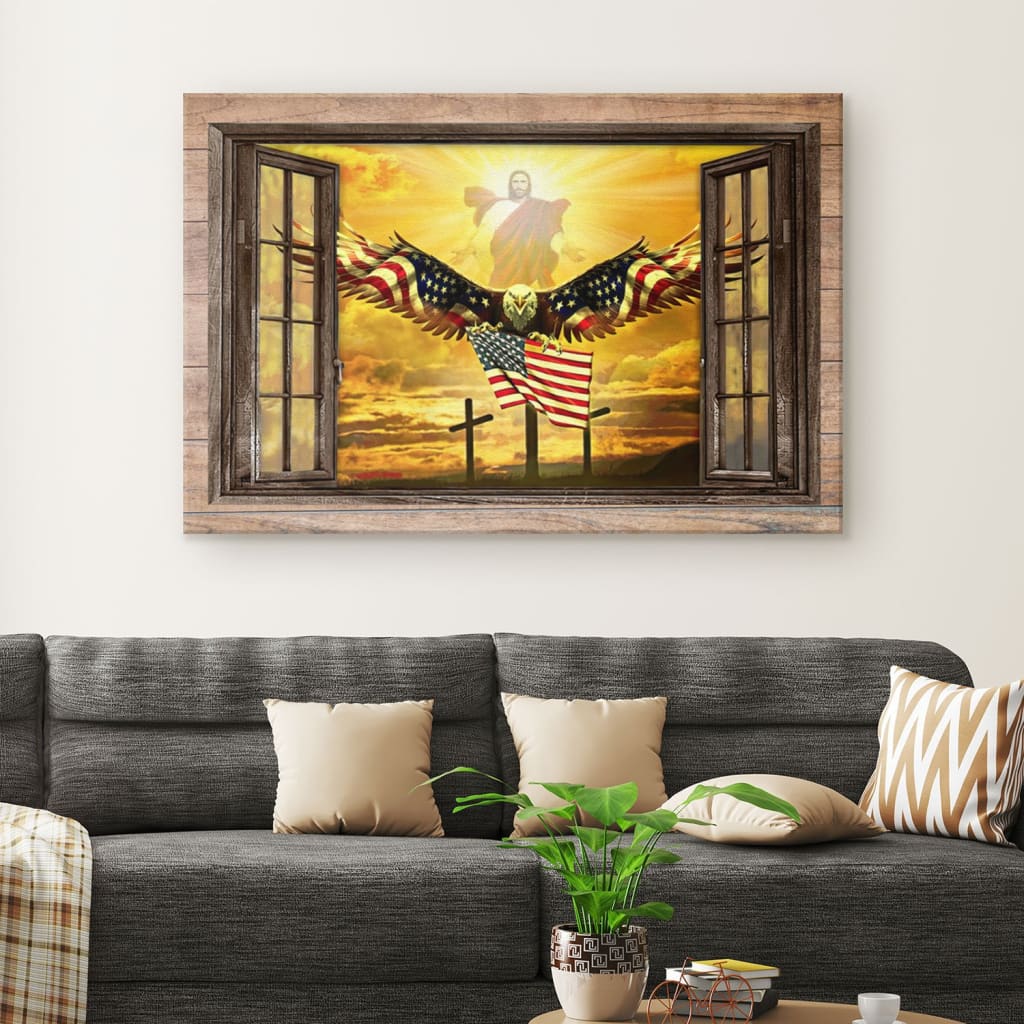 Jesus Open Arms Bald Eagle American Flag Canvas Wall Art – Christian Canvas – Faith Canvas