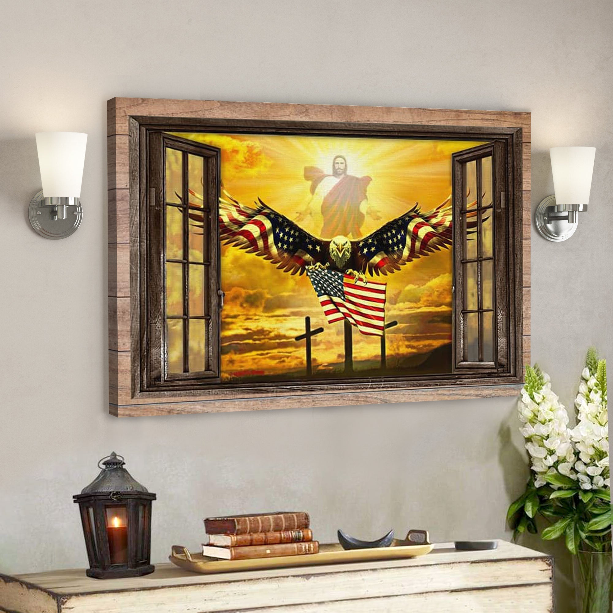 Jesus Open Arms Bald Eagle American Flag – Christian Canvas Wall Art – Christian Wall Decor – Faith Canvas Wall Art – Scripture Wall Art