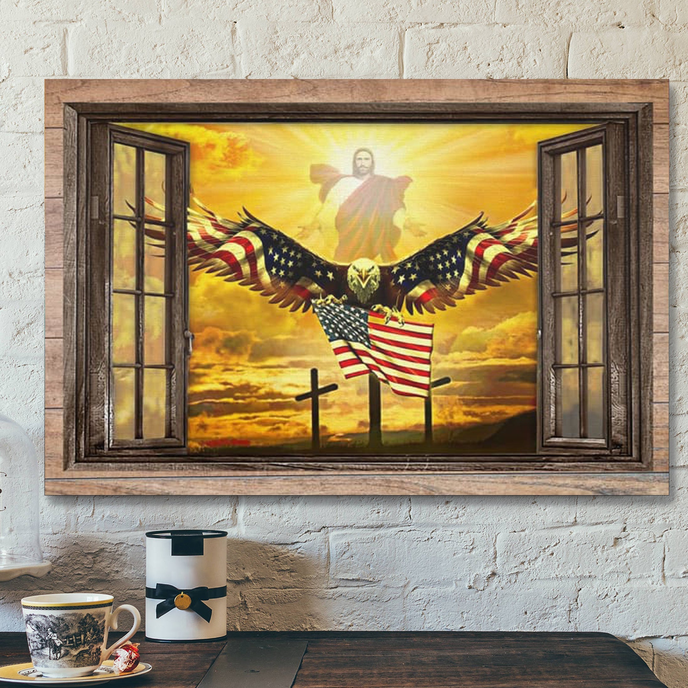 Jesus Open Arms Bald Eagle American Flag – Christian Canvas Wall Art – Christian Wall Decor – Faith Canvas Wall Art – Scripture Wall Art