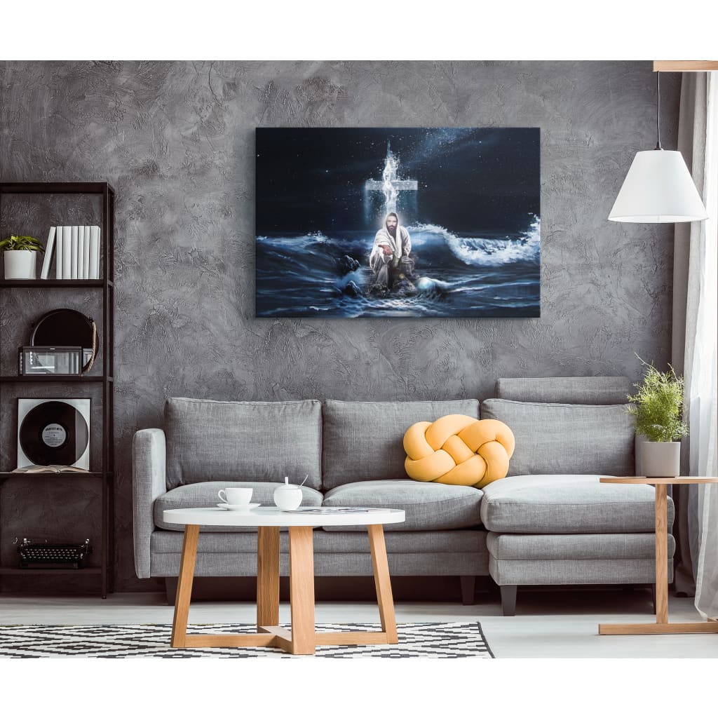 Jesus Outstretched Hands Saves Canvas Wall Art – Horizontal Christian Wall Art – Religious Wall Decor