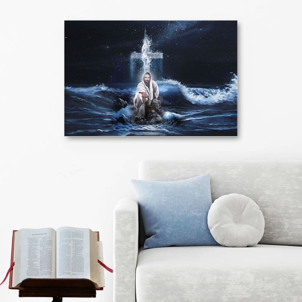 Jesus Outstretched Hands Saves Canvas Wall Art – Horizontal Christian Wall Art – Religious Wall Decor