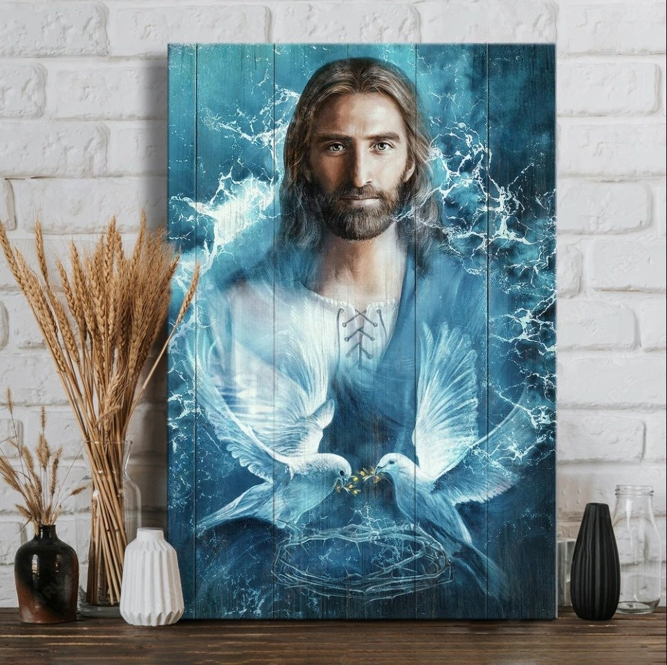 Jesus Painting Bird Couple Blue Water Canvas Wall Art – Christian Wall Posters – Religious Wall Decor