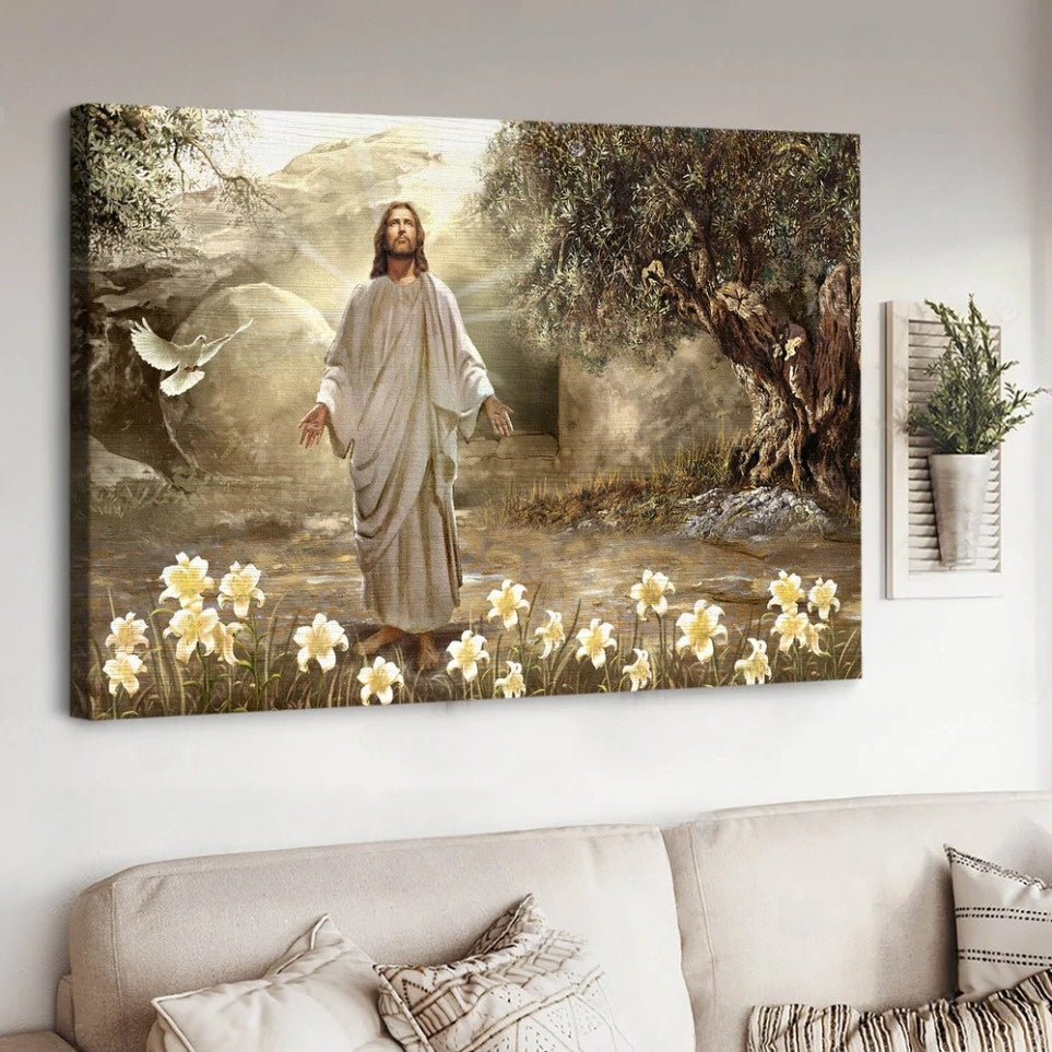 Jesus Painting Dove Of Peace Meadow Landscape A New Day Has Come Canvas Wall Art – Jesus Canvas Pictures – Christian Wall Posters