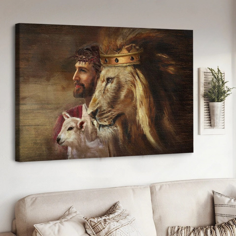 Jesus Painting Lion Lamb Canvas Wall Art – Jesus Canvas Pictures – Christian Wall Posters