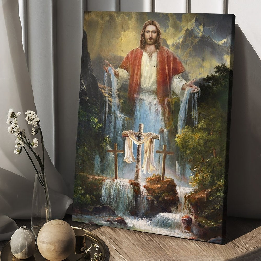 Jesus Painting Waterfall Beautiful Forest Canvas Wall Art – Christian Wall Posters – Religious Wall Decor