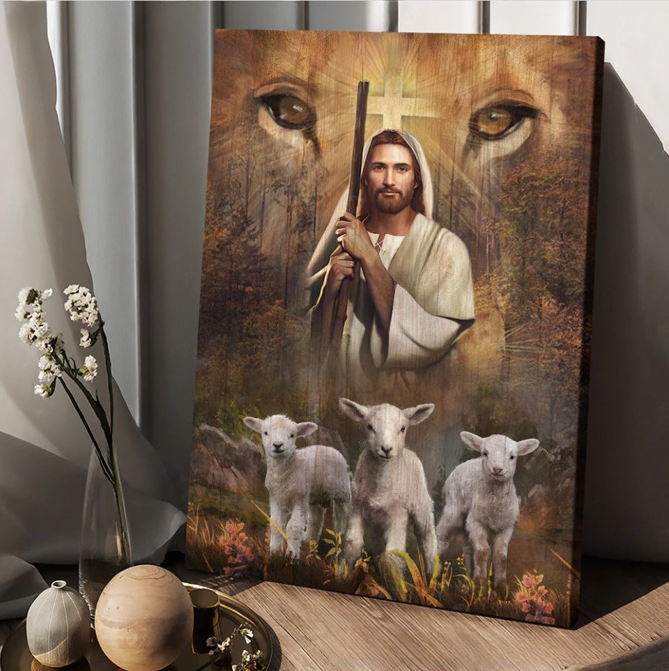 Jesus Painting White Lamb Lion’s Eyes Walking With Jesus Canvas Posters Canvas Wall Art – Christian Wall Posters – Religious Wall Decor