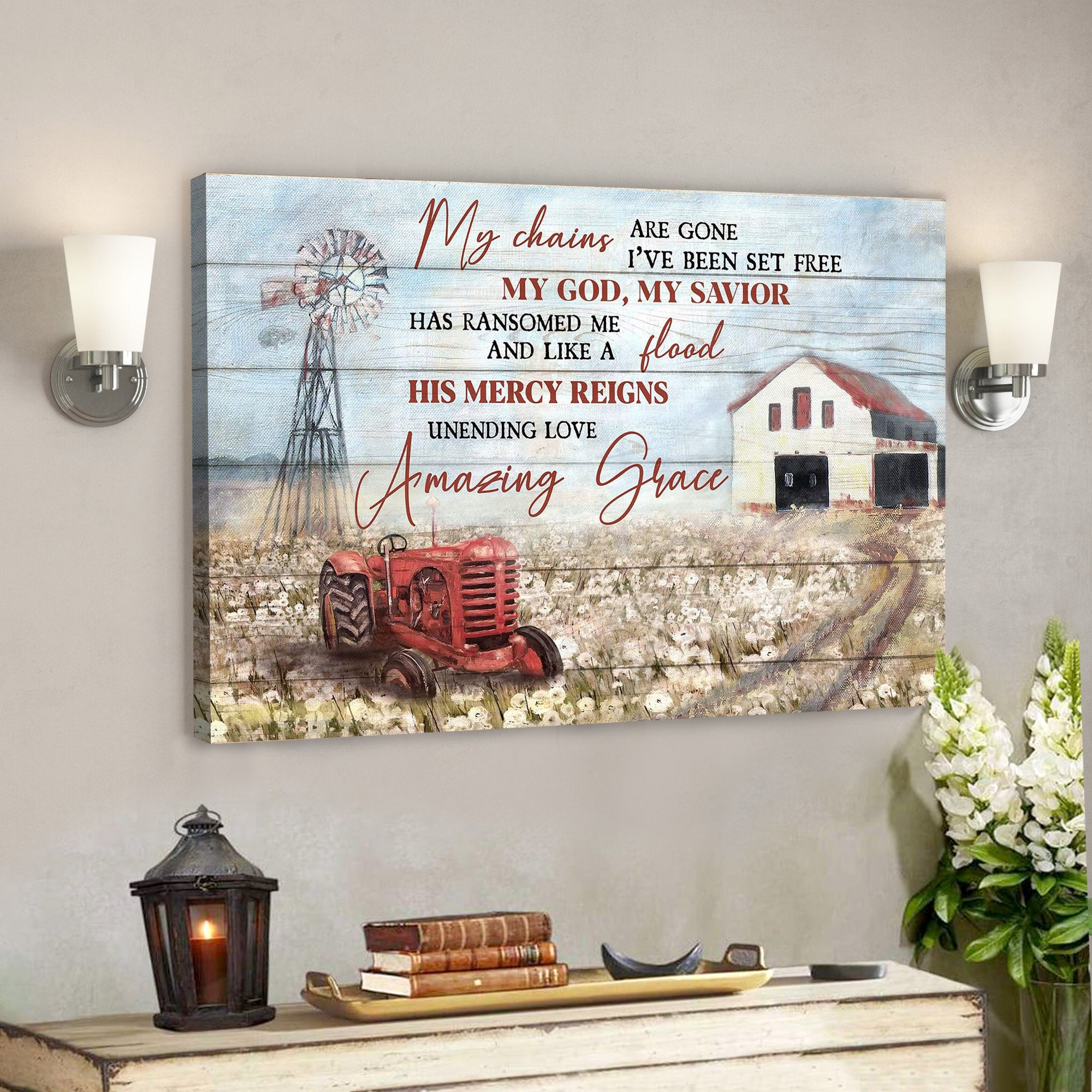 Jesus – Peaceful Farm – His Mercy Reigns Unending Love – Bible Verse Canvas – Scripture Canvas Wall Art