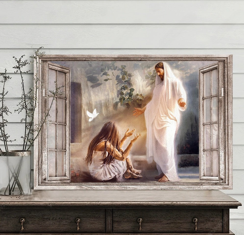 Jesus Saves Miserable Girl God Light Canvas Wall Art – Jesus Canvas Pictures – Christian Wall Posters